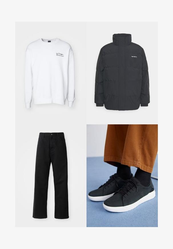 Black puffer jacket with a high collar, zip front, and elastic cuffs. Features a pocket and a small logo on the chest. Textured surface.; Manastash CITEE POOL - Sweatshirt - white; Black denim pants with a straight cut, featuring front pockets, a zip fly, and a single top button. Textured fabric with a matte finish.; Black suede sneakers with white rubber soles, featuring lace-up design, textured accents, and subtle branding, paired with brown pants.