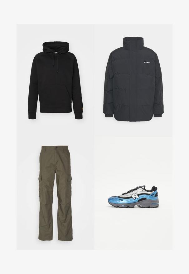 Black puffer jacket with a high collar, zip front, and elastic cuffs. Features a pocket and a small logo on the chest. Textured surface.; Black hoodie in soft fabric, featuring a front pouch pocket, adjustable drawstring, and ribbed cuffs. Smooth texture with minimal detailing.; Olive cargo pants with a straight cut, made from textured fabric. Features large side pockets and a button closure.; Blue and silver athletic shoe with mesh and synthetic materials, featuring a thick gray sole and prominent black accents. Model number 1000 visible.