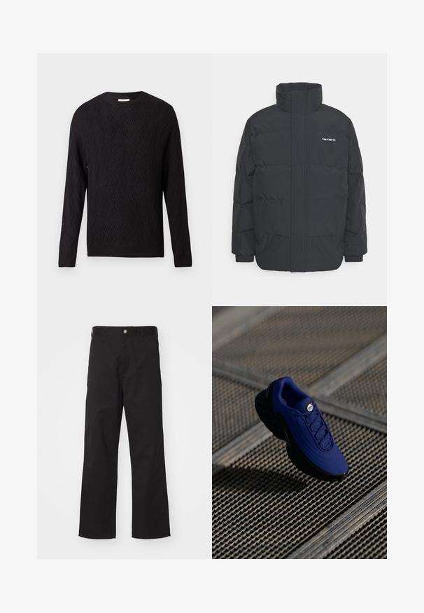 Čierna puffová bunda s vysokým golierom, zipom vpredu a elastickými manžetami. Obsahuje vrecko a malé logo na hrudi. Textúrovaný povrch.; Čierny sveter s dlhým rukávom, so vzorom chevron a rebrovanými manžetami a lemovaním, s okrúhlym výstrihom, zobrazený na bielom pozadí.; Čierne nohavice vyrobené z odolnej látky so zarovnaným strihom, s predným zapínaním na gombík, pások na opasok a bez viditeľných vzorov alebo akcentov.; Modré športové topánky s textúrovaným zvrškom, čiernou podrážkou a šnúrkami. Obsahujú značku "air" na jazyku a viditeľné prvky vzduchového polstrovania.