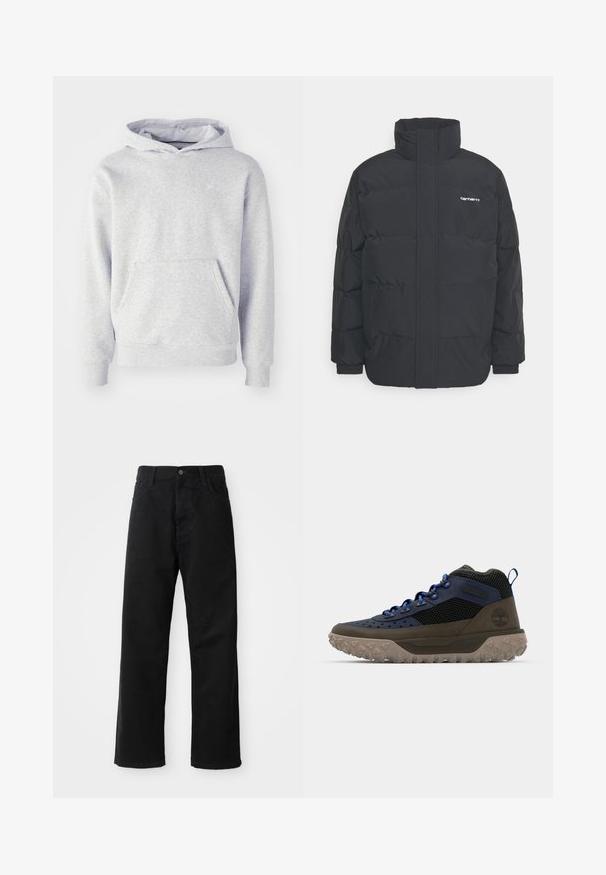 Svart pufferjacka med hög krage, dragkedja framtill och elastiska muddar. Har en ficka och en liten logotyp på bröstet. Texturerad yta.; Grå huvtröja i mjukt tyg. Har en känguruficka, ribbade ärmslut, och en diskret logotyp på bröstet. Enkelt design.; Svarta denimbyxor med rak passform, försedda med framfickor, dragkedja och en enda knapp i midjan. Strukturerad tyg med matt yta.; Höga vandringsskor med en syntetisk överdel i blått och mörkgrönt, nätpaneler, mörk gummisula med greppklackar och en logodetalj.