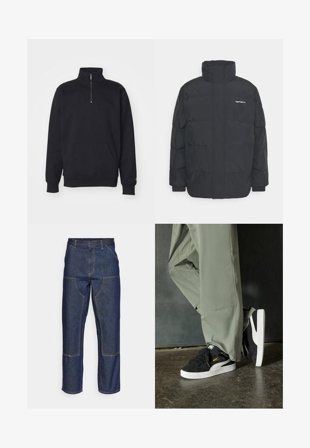 Chaqueta de plumas negra con cuello alto, cierre de cremallera frontal y puños elásticos. Cuenta con un bolsillo y un pequeño logo en el pecho. Superficie texturizada.; Sudadera de forro polar negra con media cremallera, cuello alto, puños acanalados, bolsillo canguro y un pequeño acento en logo dorado en la manga.; Jeans de mezclilla azul oscuro con cintura alta, diseño de pierna recta, costuras contrastantes y bolsillos de parche en la parte delantera.; Zapatillas de ante negras con suelas de goma blancas y rayas laterales, combinadas con pantalones cargo verde claro, de pie sobre una superficie oscura texturizada.