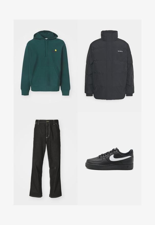 Black puffer jacket with a high collar, zip front, and elastic cuffs. Features a pocket and a small logo on the chest. Textured surface.; Green hoodie made of cotton blend, featuring a front pocket, drawstring hood, and embroidered logo in yellow and red on the chest.; Black denim jeans with a loose fit, featuring contrasting white stitching, a button closure, and a straight leg design.; Black Nike Air Force 1 sneakers with a smooth leather upper, white logo accent, perforated toe, and textured rubber sole.