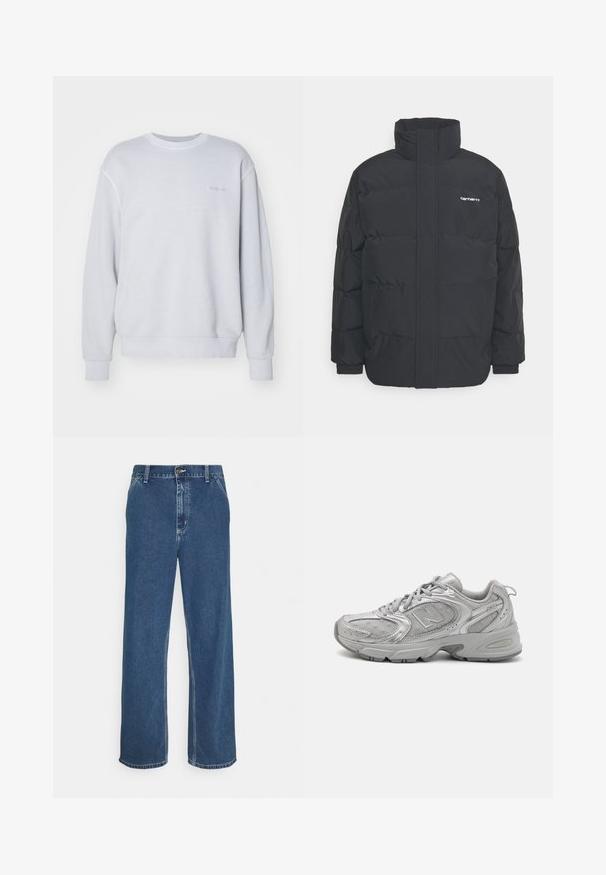 Črna puhasta jakna z visokim ovratnikom, z zadrgo spredaj in elastičnimi manšetami. Ima žep in majhen logotip na prsih. Teksturirana površina.; Svetlo sivi pulover iz bombaža, s krožno ovratnikom, rebrastimi manšetami in majhnim toniranim logotipom na prsih. Mehka tekstura.; Modre džins hlače s ravnim krojem, zasnovo petih žepov, s kovinsko zaponko in vidno šivom vzdolž šivov in roba.; Srebrna športna copata z elegantnim dizajnom, mrežnimi paneli, oblazinjenim jezikom, teksturirano sintetično zgornjim delom in gumijastim podplatom za oprijem.