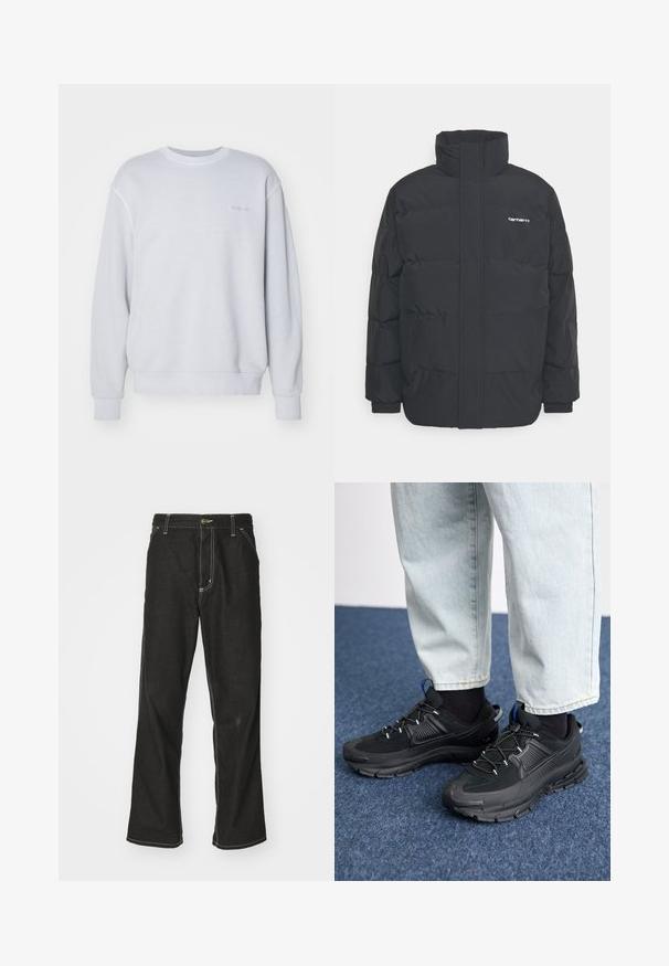 Mustam varrukas jope kõrge kaelusega, vipptõmblusega ja elastsete mansettidega. Omaduseks on tasku ja väike logo rinnal. Tekstuuritud pind.; Heled hall sweatshirt, mis on valmistatud puuvillast, omab ringikujulist kaelust, soonikutega varrukaotsi ja väikest tooni logo rinnal. Pehme tekstuur.; Mustadest denimist püksid, lahtise lõikega, kontrastsete valgete õmblustega, nööbiga kinnitamine ja sirge säär.; Mustad mustad jooksukingad, millel on tekstureeritud kangas ja kummist tallad, elastsed nöörid ning sinine aksent kandadel. Kandmine heledate teksadega.