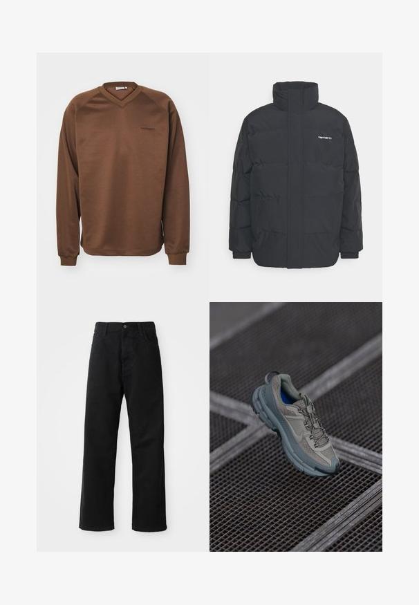 Jachetă puf black cu un guler înalt, închidere cu fermoar frontal și manșete elastice. Are un buzunar și un mic logo pe piept. Suprafață texturată.; Hanorac maro cu un design în formă de V, mâneci lungi tip raglan și manșoane ribbate. Prezintă un logo brodat discret pe piept. Textură netedă.; Pantaloni din denim negri cu croi drept, având buzunare frontale, fermoar și un singur buton la partea superioară. Țesătură texturată cu un finisaj mat.; Încălțăminte sportivă bej și gri cu parte superioară din plasă texturată, vârf rotund și talpă din cauciuc, având șireturi și un guler căptușit.