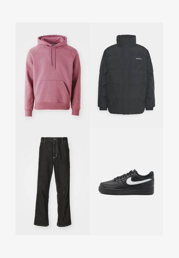 Schwarze Daunenjacke mit hohem Kragen, Reißverschluss vorne und elastischen Bündchen. Verfügt über eine Tasche und ein kleines Logo auf der Brust. Strukturiert Oberfläche.; Rosa Kapuzenpulli mit einer Front-Kängurutasche, gerippten Bündchen und Saum. Verfügt über eine Kordelzugkapuze und eine glatte Stofftextur.; Schwarze Denim-Jeans mit lockerer Passform, kontrastierenden weißen Nähten, einem Knopfverschluss und geradem Bein.; Schwarze Nike Air Force 1 Sneakers mit einem glatten Lederobermaterial, weißem Logo-Akzent, durchlöchtem Zehenbereich und strukturierter Gummisohle.