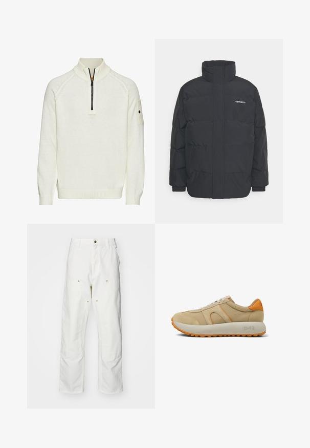 Czarna kurtka puchowa z wysoką kołnierzem, zamkiem z przodu i elastycznymi mankietami. Posiada kieszeń oraz małe logo na piersi. Teksturowana powierzchnia.; Biała dziana sweter z kołnierzem na zamek błyskawiczny do połowy, ściągaczami u mankietów i na dole, oraz kieszenią naszywaną na rękawie. Miękka faktura, luźny krój.; Białe bawełniane spodnie cargo o luźnym kroju. Cechy to przednie kieszenie, złote akcenty oraz wzmocnione części kolan.; Beżowe trampki z zamszową i tekstylną cholewą, kremową podeszwą, pomarańczowymi akcentami i szarymi sznurowadłami. Posiadają zaokrąglony czubek i teksturowany wzór.
