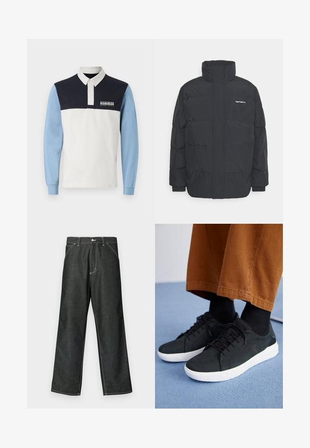 Fekete puffKabát magas nyakkal, cipzáros előlappal és rugalmas mandzsettával. Tartalmaz egy zsebet és egy kis logót a mellkason. Texturált felület.; Hosszú ujjú pólóing, fehér testtel, sötétkék vállakkal és világoskék ujjakkal. Tartalmaz egy gallért és egy logót a mellkason.; Sötét farmerszövetből készült, széles szárú nadrág fehér varrással, szabványos öt zsebes kialakítással, fém gombbal záródik, és egyenes szegélyű.; Fekete velúrbőr sneaker fehér gumitalppal, fűzős dizájnnal, texturált részletekkel és diszkrét márkázással, barna nadrággal párosítva.