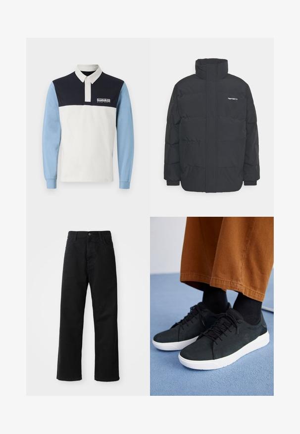 Fekete puffKabát magas nyakkal, cipzáros előlappal és rugalmas mandzsettával. Tartalmaz egy zsebet és egy kis logót a mellkason. Texturált felület.; Hosszú ujjú pólóing, fehér testtel, sötétkék vállakkal és világoskék ujjakkal. Tartalmaz egy gallért és egy logót a mellkason.; Fekete farmernadrág egyenes szabással, elülső zsebekkel, cipzáras flyal és egy felső gombbal. Strukturált anyag matt felülettel.; Fekete velúrbőr sneaker fehér gumitalppal, fűzős dizájnnal, texturált részletekkel és diszkrét márkázással, barna nadrággal párosítva.