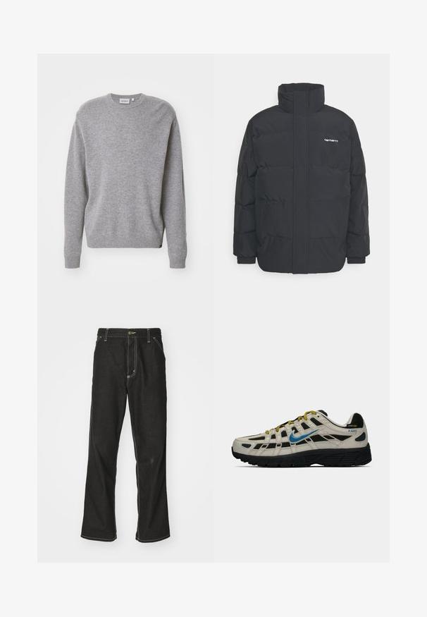 Jachetă puf black cu un guler înalt, închidere cu fermoar frontal și manșete elastice. Are un buzunar și un mic logo pe piept. Suprafață texturată.; Pulover gri tricotat cu mâneci lungi, guler rotund și manșete și tiv cu model în relief. Materialul pare moale și texturat, destinat uzului casual.; Jeans negri din denim, cu o croială largă, cu cusături albe contrastante, închidere cu nasture și un design cu picior drept.; Adidași Nike P-6000 bej și negri cu swoosh albastru, șireți galbeni, talpă neagră și etichetă din material Cordura pe toc.
