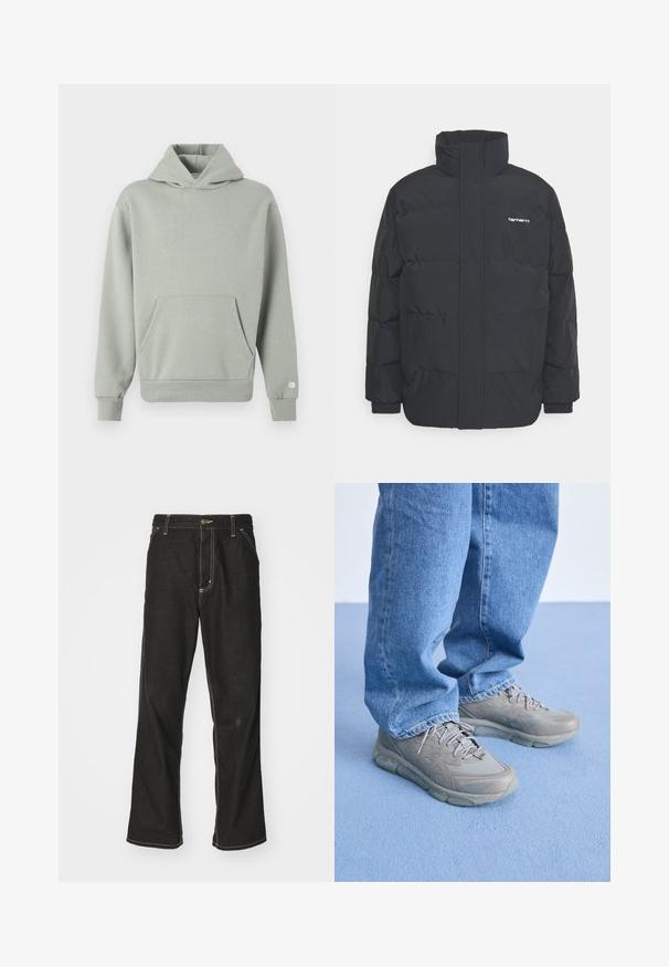 Casaco acolchoado preto com colarinho alto, fecho de correr à frente e punhos elásticos. Apresenta um bolso e um pequeno logótipo no peito. Superfície texturada.; Hoodie cinza claro feito de uma mistura de algodão. Apresenta um bolso frontal espaçoso, punhos canelados e um capuz com cordão. Design simples e limpo.; Calças de ganga pretas de corte largo, com costuras brancas em contraste, fecho de botão e design de perna reta.; Tênis atléticos cinzentos com uma superfície texturizada, apresentando uma sola com amortecimento em gel e acentos estampados, usados com jeans azul claro.