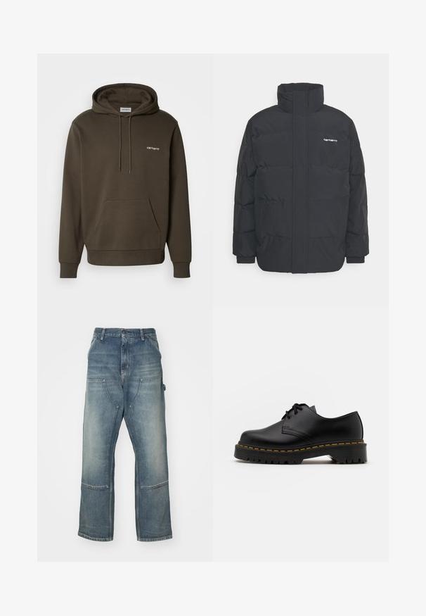 Chaqueta de plumas negra con cuello alto, cierre de cremallera frontal y puños elásticos. Cuenta con un bolsillo y un pequeño logo en el pecho. Superficie texturizada.; Carhartt WIP HOODED SCRIPT EMBROIDERY - Jersey con capucha - cypress/white; Vaqueros de mezclilla de color azul claro con un corte relajado. Presentan piernas anchas, grandes bolsillos frontales y detalles de costura en contraste.; Zapato negro de cuero con cordones, punta redondeada, suela de goma texturizada y costuras amarillas alrededor de la base. Diseño plano y acabado suave.
