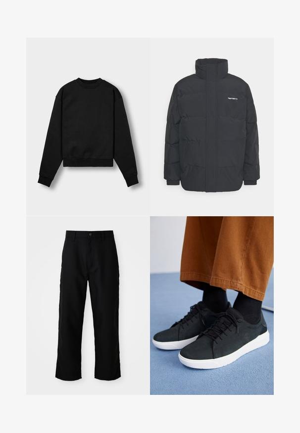 Black puffer jacket with a high collar, zip front, and elastic cuffs. Features a pocket and a small logo on the chest. Textured surface.; Black cropped sweatshirt with long sleeves, round neckline, and ribbed cuffs. Features a soft fabric texture and minimalistic design.; Black straight-leg pants with belt loops, front button, and zip closure on plain light background.; Black suede sneakers with white rubber soles, featuring lace-up design, textured accents, and subtle branding, paired with brown pants.