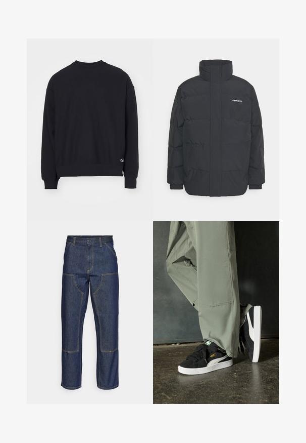 Jachetă puf black cu un guler înalt, închidere cu fermoar frontal și manșete elastice. Are un buzunar și un mic logo pe piept. Suprafață texturată.; Hanorac negru cu guler rotund, mâneci lungi, manșete și tiv cu dantelă. Prezintă un mic logo alb în partea stângă jos.; Jeans din denim albastru închis cu talie înaltă, design cu picior drept, cusături contrastante și buzunare cu clapă în față.; Adidași negri din piele întoarsă cu tălpi din cauciuc alb și dungi pe lateral, asortați cu pantaloni cargo verzi deschis, stând pe o suprafață texturată întunecată.