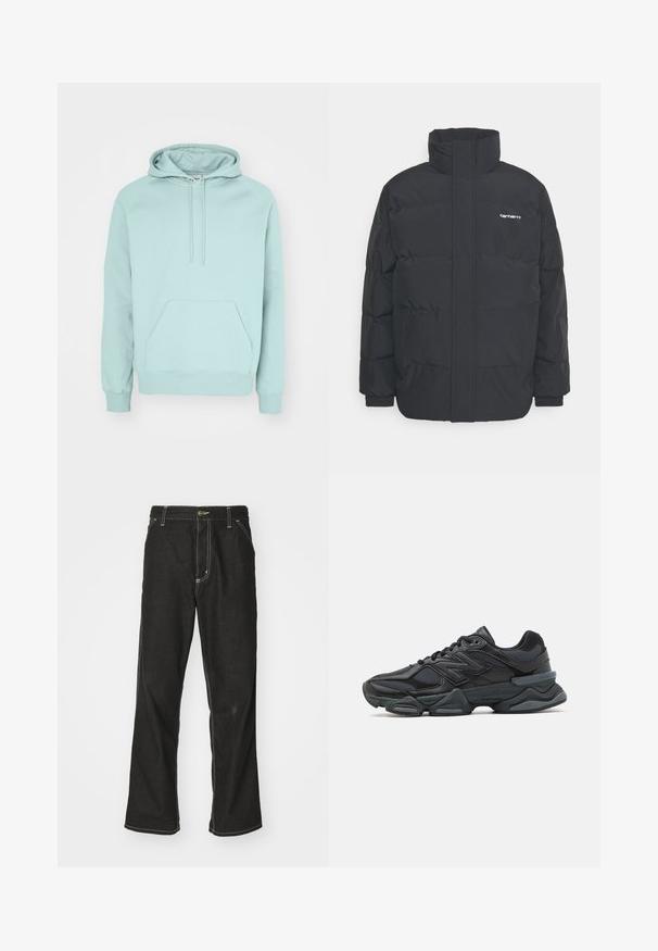 Mustam varrukas jope kõrge kaelusega, vipptõmblusega ja elastsete mansettidega. Omaduseks on tasku ja väike logo rinnal. Tekstuuritud pind.; Müntroheline kapuutsiga kangas, pehme ja mugav, koos keskel oleva taskuga, reguleeritava kapuutsi nööriga ning soonikkantidega varrukate ja alläärega.; Mustadest denimist püksid, lahtise lõikega, kontrastsete valgete õmblustega, nööbiga kinnitamine ja sirge säär.; Mustad mustus jooksukeng, mis sisaldab segu võrgust ja sünteetilisest materjalist, jäme talla, kaarduv disain ja silmapaistev bränding külgedel.