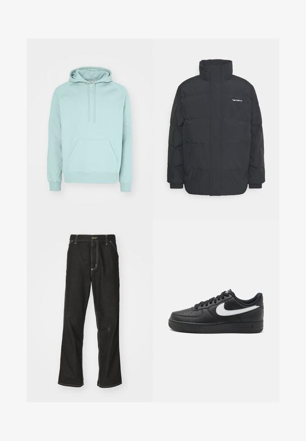 Czarna kurtka puchowa z wysoką kołnierzem, zamkiem z przodu i elastycznymi mankietami. Posiada kieszeń oraz małe logo na piersi. Teksturowana powierzchnia.; Miętowa bluza z kapturem wykonana z miękkiego materiału, z kieszenią kangurką, regulowanym kapturem przy sznurku oraz ściągaczami przy mankietach i u dołu.; Czarne dżinsy o luźnym kroju, z kontrastującymi białymi szwami, z zapięciem na guzik i prostą nogawką.; Czarne sneakersy Nike Air Force 1 z gładką skórzaną cholewką, białym akcentem logo, perforowanymi palcami oraz teksturowaną gumową podeszwą.