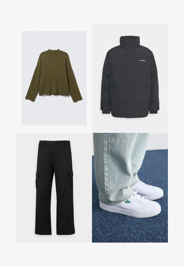 Schwarze Daunenjacke mit hohem Kragen, Reißverschluss vorne und elastischen Bündchen. Verfügt über eine Tasche und ein kleines Logo auf der Brust. Strukturiert Oberfläche.; Olivegrüner, langärmliger, gerippter Strickpullover mit rohen, ausgefransten Kanten an den Bündchen und dem Saum, flach auf einem weißen Hintergrund ausgelegt.; Schwarze Cargo-Hosen mit geradem Bein Design. Hergestellt aus strapazierfähigem Stoff, mit zwei Seitentaschen mit Klappen und einem Knopfverschluss.; Weiße Leder-Sneaker mit grünem Nike-Logo, runde Zehenpartie, flache Sohle, kombiniert mit hellblauen Jeans, präsentiert auf einem blauen Teppich.