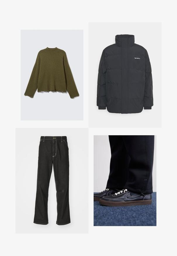 Doudoune noire avec un col montant, fermeture éclair à l'avant et poignets élastiques. Comprend une poche et un petit logo sur la poitrine. Surface texturée.; Pull à manches longues en tricot côtelé vert olive avec des bords bruts et effilochés sur les poignets et l'ourlet, posé à plat sur un fond blanc.; Jean en denim noir avec une coupe ample, comportant des coutures blanches contrastantes, une fermeture à bouton et un design à jambes droites.; Nike Sportswear KILLSHOT 2 LTR PRM OPP2 - Baskets basses - black sail baroque brown mtlc dk grey