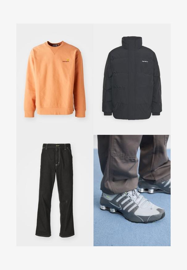 Černá zimní bunda s vysokým límcem, zipem vpředu a elastickými manžetami. Má kapsu a malé logo na hrudi. Texturovaný povrch.; Oranžová mikina s dlouhými rukávy a kulatým výstřihem. Švy na manžetách a spodním lemu, s malým žlutým logem Carhartt na hrudi. Měkká textura.; Černé denimové džíny s volným střihem, s kontrastním bílým prošíváním, zapínáním na knoflík a rovnými nohavicemi.; Šedé a stříbrné tenisky Nike Shox mají elegantní design, s použitím síťoviny a syntetických materiálů, zaoblenou špičku a polstrovaný límec.