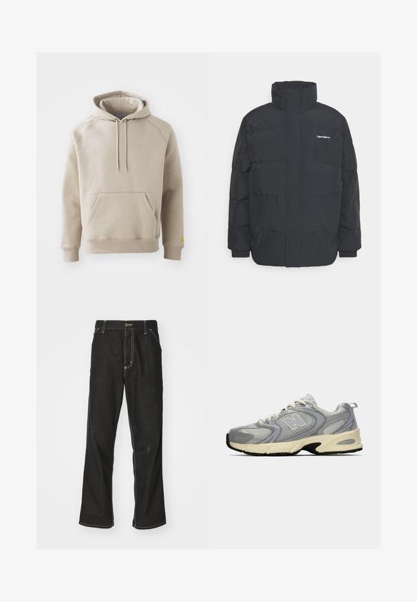 Črna puhasta jakna z visokim ovratnikom, z zadrgo spredaj in elastičnimi manšetami. Ima žep in majhen logotip na prsih. Teksturirana površina.; Škornja kapuca v kaki barvi z velikim sprednjim žepom, rebrastimi manšetami in robom. Ima nastavljive vrvice in udoben kroj. Narejena je iz mehkega materiala.; Črne jeans hlače ohlapenega kroja, ki imajo kontrastno belo šivanje, zapiranje na gumb in ravno nogavico.; Sive mrežaste atletske cipele s kremastom potplatom, s podstavljenim okvirom, bijelim vezicama i suptilnim logotipom sa strane. Osvježene svijetloplavim detaljima.