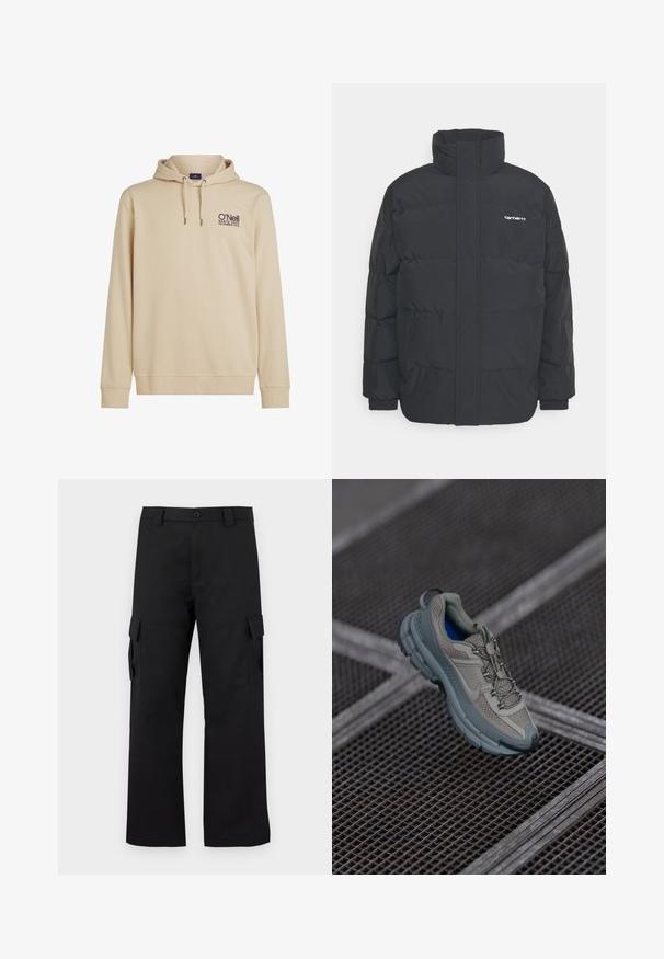 Mustam varrukas jope kõrge kaelusega, vipptõmblusega ja elastsete mansettidega. Omaduseks on tasku ja väike logo rinnal. Tekstuuritud pind.; Beež kapuutsiga dressipluus, millel on esikott, paelaga kapuuts ja tikitud O'Neill logo. Pehme kangas koos ribakudumisega varrukenottide ja hemiga.; Mustad mustad püksid sirge lõikega disainiga. Valmistatud vastupidavast kangast, millel on kaks külgtaskut klappidega ja nupuvajutusega esiosa.; Beige ja hall sportlik king, millel on tekstuuriga võrkpealne, ümar nina ja kummist tald, varustatud paelte ja pehmendatud kraega.