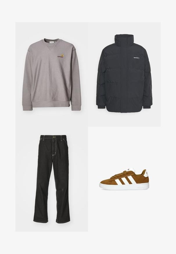 Schwarze Daunenjacke mit hohem Kragen, Reißverschluss vorne und elastischen Bündchen. Verfügt über eine Tasche und ein kleines Logo auf der Brust. Strukturiert Oberfläche.; Grauer Sweatshirt mit Rundhalsausschnitt, gerippten Bündchen und einem dezenten Logo in gesticktem Gelb und Burgunder. Hergestellt aus weichem, strukturiertem Stoff.; Schwarze Denim-Jeans mit lockerer Passform, kontrastierenden weißen Nähten, einem Knopfverschluss und geradem Bein.; Braune Wildleder-Sneaker mit weißen Lederstreifen. Verfügt über eine weiße Gummisohle und eine runde Spitze. Enthält eine Schnürung vorne und einen gepolsterten Kragen.