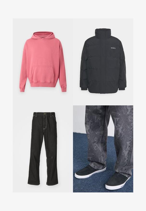 Čierna puffová bunda s vysokým golierom, zipom vpredu a elastickými manžetami. Obsahuje vrecko a malé logo na hrudi. Textúrovaný povrch.; Ružová mikina s kapucňou a kengurím vreckom, s rebrovanými manžetami a spodným okrajom. Vyrobená z mäkkej, textúrovanej látky. Jednoduchý dizajn, bez viditeľných log alebo vzorov.; Čierne denimové nohavice s voľným strihom, s kontrastným bielym prešívaním, uzáverom na gombík a rovnými nohavicami.; Čierne nazúvacie topánky s bielou podrážkou a textúrovaným povrchom, kombinované so sivými džínsami so subtilným vzorom, na modrom koberci.
