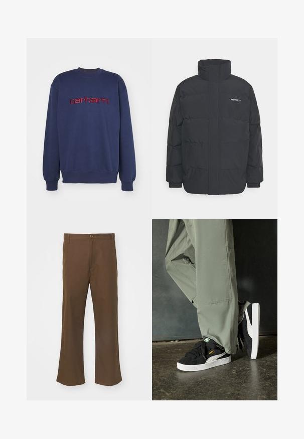 Giacca puffa nera con colletto alto, chiusura con zip frontale e polsini elastici. Presenta una tasca e un piccolo logo sul petto. Superficie testurizzata.; Felpa blu navy in cotone, con collo rotondo e polsini a coste, impreziosita da un logo "carhartt" ricamato in rosso sul petto.; Pantaloni a zampa d'elefante marroni realizzati in tessuto morbido, con chiusura a bottone, dotati di tasche frontali e cuciture dritte lungo le gambe.; Sneaker in suede nero con suole in gomma bianca e strisce laterali, abbinate a pantaloni cargo verde chiaro, in piedi su una superficie scura e texture.