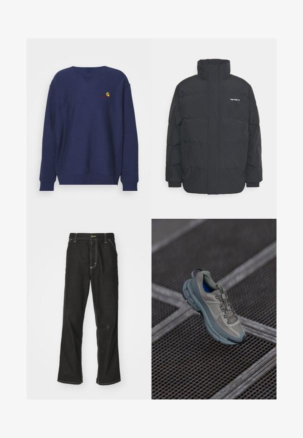 Černá zimní bunda s vysokým límcem, zipem vpředu a elastickými manžetami. Má kapsu a malé logo na hrudi. Texturovaný povrch.; Carhartt WIP AMERICAN SCRIPT - Mikina - air force blue; Černé denimové džíny s volným střihem, s kontrastním bílým prošíváním, zapínáním na knoflík a rovnými nohavicemi.; Béžová a šedá sportovní bota s texturovaným síťovinovým svrškem, zaoblenou špičkou a gumovou podrážkou, vybavená tkaničkami a polstrovaným límcem.