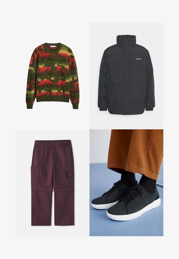 Black puffer jacket with a high collar, zip front, and elastic cuffs. Features a pocket and a small logo on the chest. Textured surface.; Green knit sweater with a camouflage pattern, featuring red and yellow accents. Classic crew neck and ribbed cuffs and hem.; Burgundy cargo convertible pants with side zipper pocket and Timberland logo on the right leg, extended inseam shown.; Black suede sneakers with white rubber soles, featuring lace-up design, textured accents, and subtle branding, paired with brown pants.