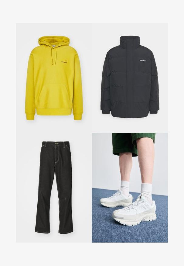 Sort pufferjakke med høj krave, lynlås foran og elastiske manchetter. Har en lomme og et lille logo på brystet. Tekstureret overflade.; Gul hættebluse lavet af en bomuldsblanding. Har en frontkangaroo lomme, ribbede manchetter og et lille logo på brystet.; Sorte denimjeans med løs pasform, der har kontrasterende hvid syning, en knaplukning og et lige ben-design.; Hvide atletiske sko med teksturerede overlays, en chunky sål og grå accenter. Båret med hvide ankelstrømper og grønne shorts på en blå overflade.