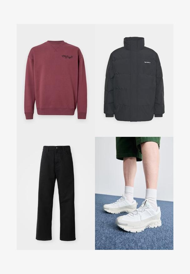 Casaco acolchoado preto com colarinho alto, fecho de correr à frente e punhos elásticos. Apresenta um bolso e um pequeno logótipo no peito. Superfície texturada.; Sweatshirt de algodão cor de vinho com decote redondo e punhos canelados. Apresenta um logótipo preto impresso no lado esquerdo do peito. Textura suave.; Calças de ganga pretas com corte direito, apresentando bolsos frontais, fecho de zip e um único botão na parte superior. Tecido texturizado com um acabamento mate.; Sapatos atléticos brancos com sobreposições texturizadas, sola espessa e detalhes em cinza. Usados com meias brancas até ao tornozelo e calções verdes sobre uma superfície azul.