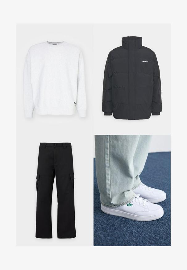 Jachetă puf black cu un guler înalt, închidere cu fermoar frontal și manșete elastice. Are un buzunar și un mic logo pe piept. Suprafață texturată.; Sweatshirt gri dintr-un material moale, cu guler rotund, mâneci lungi, manșete ribbate și un mic logo negru pe marginea inferioară.; Pantaloni cargo negri cu un design drept. Confectionati dintr-un material durabil, avand doua buzunare laterale cu clapete si un sistem de inchidere cu nasture.; Adidași din piele albă cu logo-ul Nike verde, vârf rotund, talpă plată, asortați cu pantaloni din denim bleu deschis, prezentați pe un covor albastru.