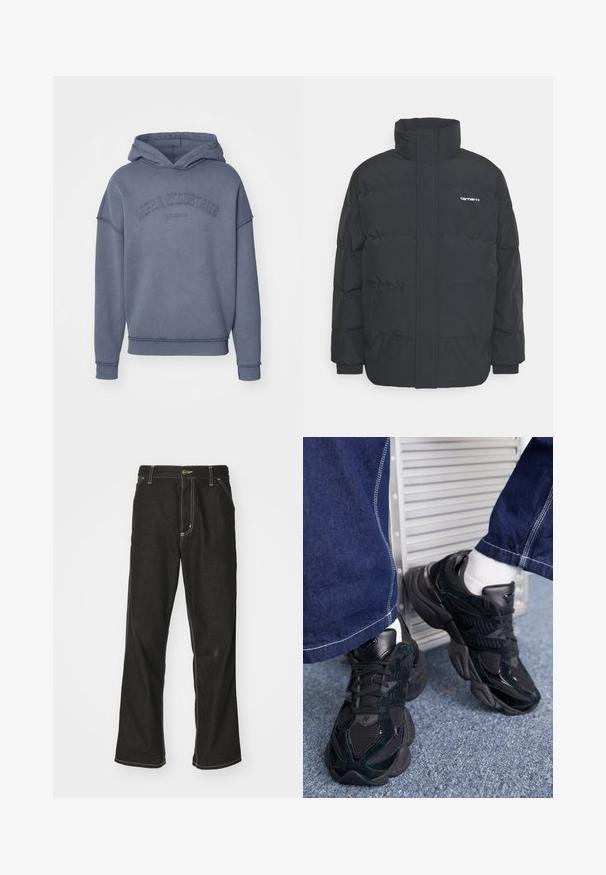 Črna puhasta jakna z visokim ovratnikom, z zadrgo spredaj in elastičnimi manšetami. Ima žep in majhen logotip na prsih. Teksturirana površina.; Kapuca v tihi modri barvi, izdelana iz mehkega materiala, z vezenim logotipom "Alpha Industries" na prsih ter rebrastimi manšetami in robom.; Črne jeans hlače ohlapenega kroja, ki imajo kontrastno belo šivanje, zapiranje na gumb in ravno nogavico.; Črne superge, ki združujejo teksturirane in gladke materiale, s poudarjenim vezanjem in debelim podplatom, v kombinaciji s temnimi kavbojkami.
