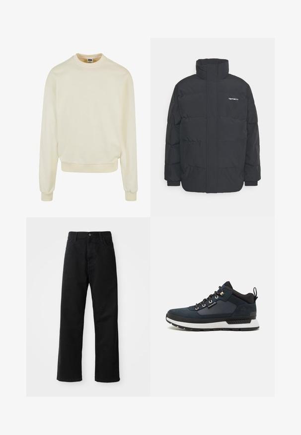Jachetă puf black cu un guler înalt, închidere cu fermoar frontal și manșete elastice. Are un buzunar și un mic logo pe piept. Suprafață texturată.; Hanorac de culoare crem, realizat dintr-un material moale, cu guler rotund, mâneci lungi și manșete și margine ribionate. Fără modele sau grafice.; Pantaloni din denim negri cu croi drept, având buzunare frontale, fermoar și un singur buton la partea superioară. Țesătură texturată cu un finisaj mat.; Pantof de drumeție bleumarin, cu superior din suede și textil, talpă intermediară albă, talpă exterioară neagră și gauri metalice. Dispune de o bucată de tragere pe spate pentru a fi ușor de purtat.
