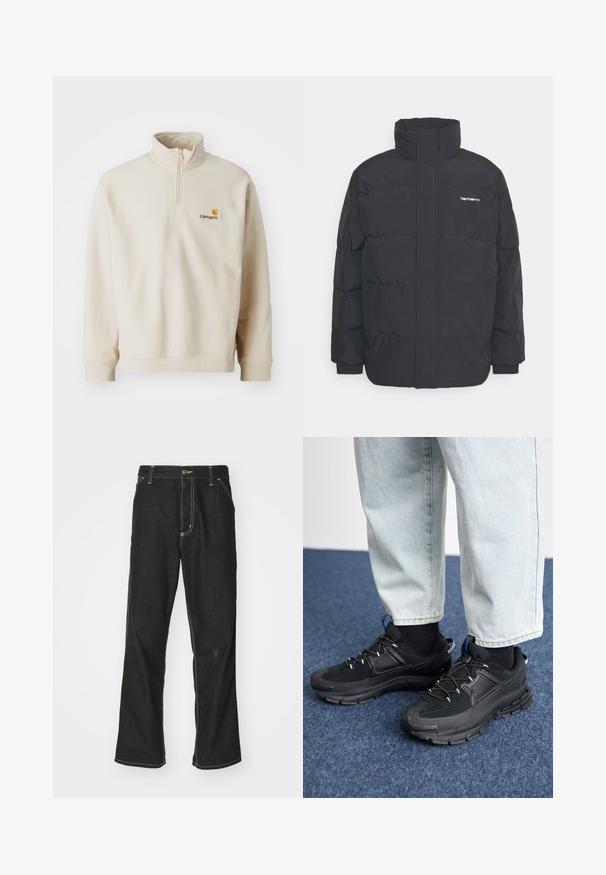 Black puffer jacket with a high collar, zip front, and elastic cuffs. Features a pocket and a small logo on the chest. Textured surface.; Beige fleece pullover with a quarter zip, high collar, and Carhartt logo embroidered in yellow and brown on the left chest.; Black denim jeans with a loose fit, featuring contrasting white stitching, a button closure, and a straight leg design.; Black athletic shoes with textured fabric and rubber soles, featuring elastic laces and a blue accent on the heel. Worn with light denim pants.