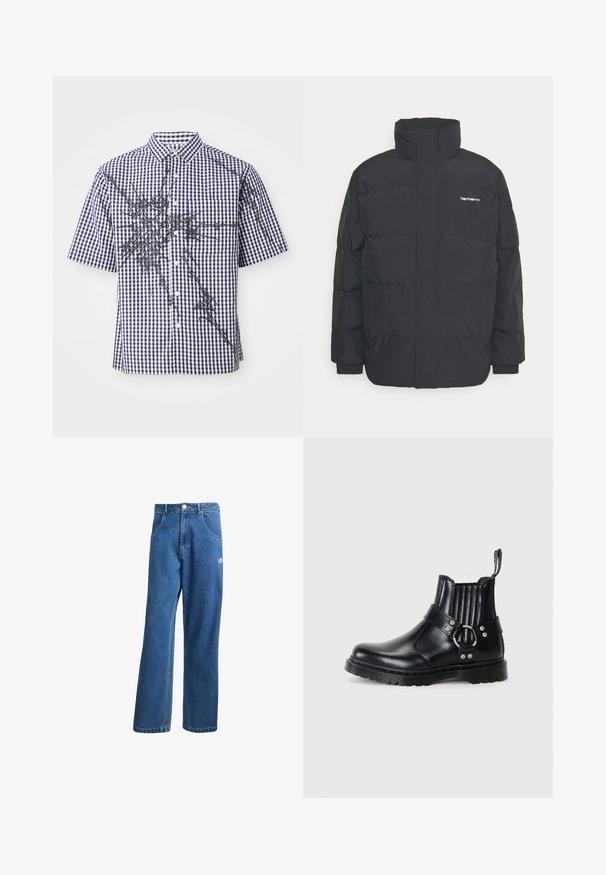 Svart pufferjacka med hög krage, dragkedja framtill och elastiska muddar. Har en ficka och en liten logotyp på bröstet. Texturerad yta.; Kortärmad skjorta med knappstängning i marinblå och vit ginghamrutig mönster och oregelbundna svarta abstrakta grafiska linjer över framsidan och ärmarna.; Blå högmidjade vida jeans i denim med framfickor, bältesloopar, knappstängning och liten Adidas-logga på högra låret.; Svarta läderankelstövlar med ribbade elastiska sidor, en metallspänneaccent och en strukturerad sula för bra grepp.