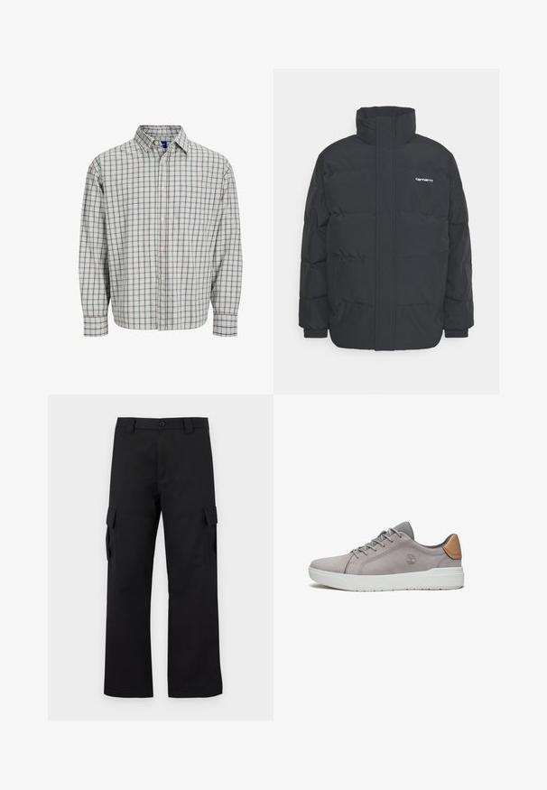 Zwarte pufferjas met een hoge kraag, rits aan de voorkant en elastische manchetten. Bevat een zak en een klein logo op de borst. Getextureerd oppervlak.; Langarm overhemd met een lichtblauw en bruin geruit patroon, voorzien van een borstzak en een ronde kraag. Gemaakt van een katoenmix.; Zwarte cargobroek met een recht gesneden ontwerp. Gemaakt van duurzaam materiaal, met twee zijzakken met klep en een knoopsluiting.; Grijze suède sneaker met mesh accenten, witte rubberen zool en bruine leren hieltab. Beschikt over een vetersluiting en een reliëf logo detail.