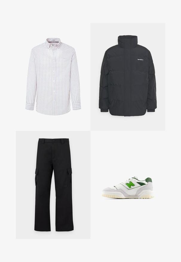 Schwarze Daunenjacke mit hohem Kragen, Reißverschluss vorne und elastischen Bündchen. Verfügt über eine Tasche und ein kleines Logo auf der Brust. Strukturiert Oberfläche.; Weißes Langarmhemd mit einem karierten Muster in Rot und Blau. Button-down-Kragen, vordere Blende mit Knöpfen und geknöpfte Manschetten.; Schwarze Cargo-Hosen mit geradem Bein Design. Hergestellt aus strapazierfähigem Stoff, mit zwei Seitentaschen mit Klappen und einem Knopfverschluss.; Weiße Sneaker mit grünen Akzenten, aus Leder und Wildleder gefertigt. Verfügt über eine strukturierte Oberseite, einen gepolsterten Kragen und eine Gummisohle mit sichtbarem Profil.
