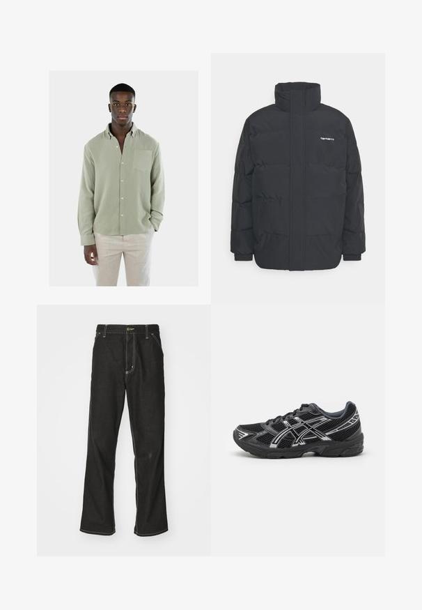 Zwarte pufferjas met een hoge kraag, rits aan de voorkant en elastische manchetten. Bevat een zak en een klein logo op de borst. Getextureerd oppervlak.; Lichtgroen overhemd met knopen van een getextureerde stof, met een enkele borstzak en lange mouwen. Gecombineerd met lichtgekleurde broek.; Zwarte denim jeans met een losse pasvorm, voorzien van contrasterende witte stiksels, een knoopsluiting en een recht ontwerp.; Zwart sportieve schoen met een bovenwerk van mesh, versterkte neus en zilveren accenten. Beschikt over traditionele veters en een gestructureerde zool voor grip.