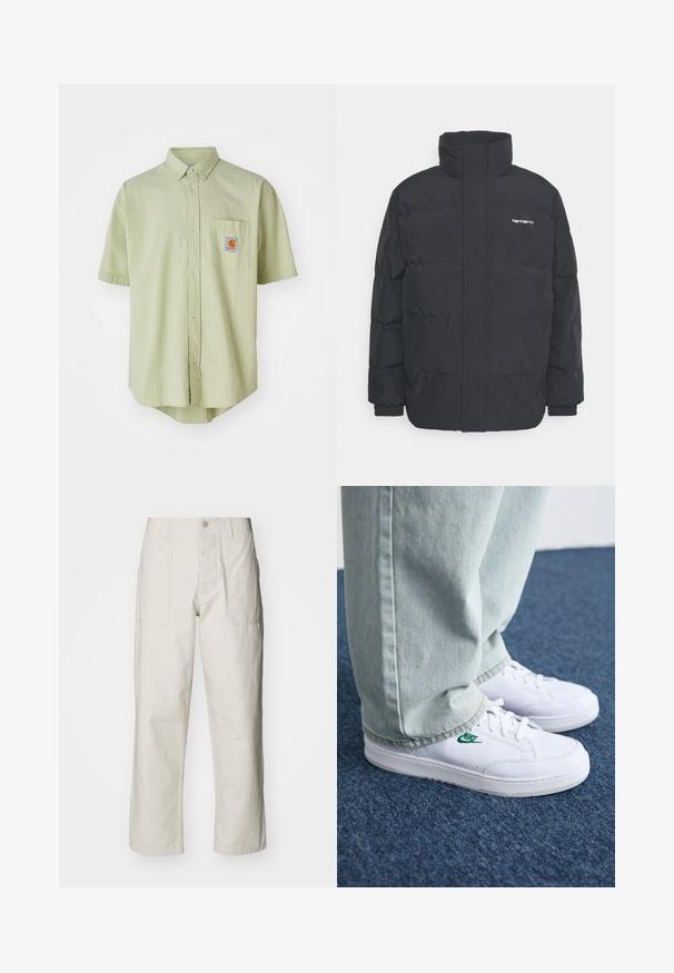 Schwarze Daunenjacke mit hohem Kragen, Reißverschluss vorne und elastischen Bündchen. Verfügt über eine Tasche und ein kleines Logo auf der Brust. Strukturiert Oberfläche.; Kurzärmliges, hellgrünes Hemd mit strukturiertem Muster, spitzem Kragen, Brusttasche und quadratischem Logo-Patch auf der Brust.; Helle beige weit geschnittene Hose aus Baumwolle. Verfügt über Fronttaschen und einen Knopfverschluss. Glatte Textur mit dezenten vertikalen Streifen.; Weiße Leder-Sneaker mit grünem Nike-Logo, runde Zehenpartie, flache Sohle, kombiniert mit hellblauen Jeans, präsentiert auf einem blauen Teppich.