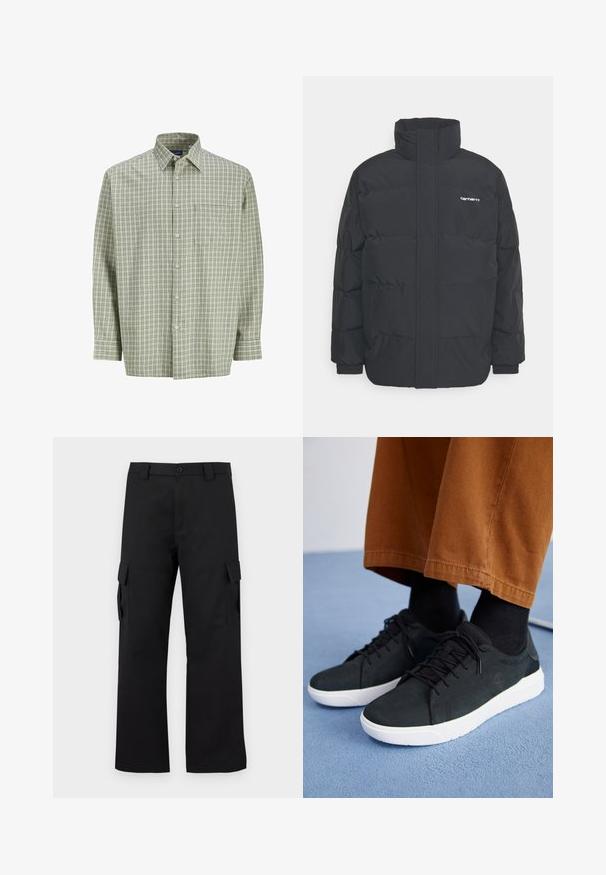 Giacca puffa nera con colletto alto, chiusura con zip frontale e polsini elastici. Presenta una tasca e un piccolo logo sul petto. Superficie testurizzata.; Camicia button-up a quadri verdi e bianchi con maniche lunghe, tasca frontale e texture morbida. Colletto classico e chiusura a bottoni.; Pantaloni cargo neri con design a gamba dritta. Realizzati in tessuto resistente, dotati di due tasche laterali con chiusura a pattina e chiusura con bottone.; Sneakers in suede nera con suole in gomma bianca, dotati di un design con lacci, accenti testurizzati e branding sottile, abbinati a pantaloni marroni.