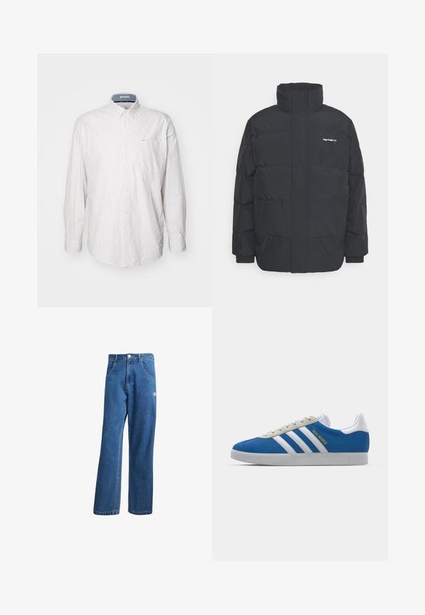 Musta puhvijaakku korkealla kauluksella, vetoketjukiinnitys edessä ja joustavat hihansuut. Varustettu taskulla ja pienellä logolla rintakehässä. Rakeinen pinta.; Vaaleanvärinen pitkähihainen paita, jossa on ohuita pystyraitoja. Sisältää napillisen kauluksen ja rintataskun. Valmistettu teksturoidusta kankaasta.; Siniset korkeavyötäröiset leveälahkeiset farkut, joissa on etupussit, vyölenkit, napitus ja pieni Adidas-logo oikeassa reidessä.; adidas Originals ADIDAS GAZELLE SHOES - Sisäjalkapallokengät - real madrid/bluebird/footwear white/crew yellow