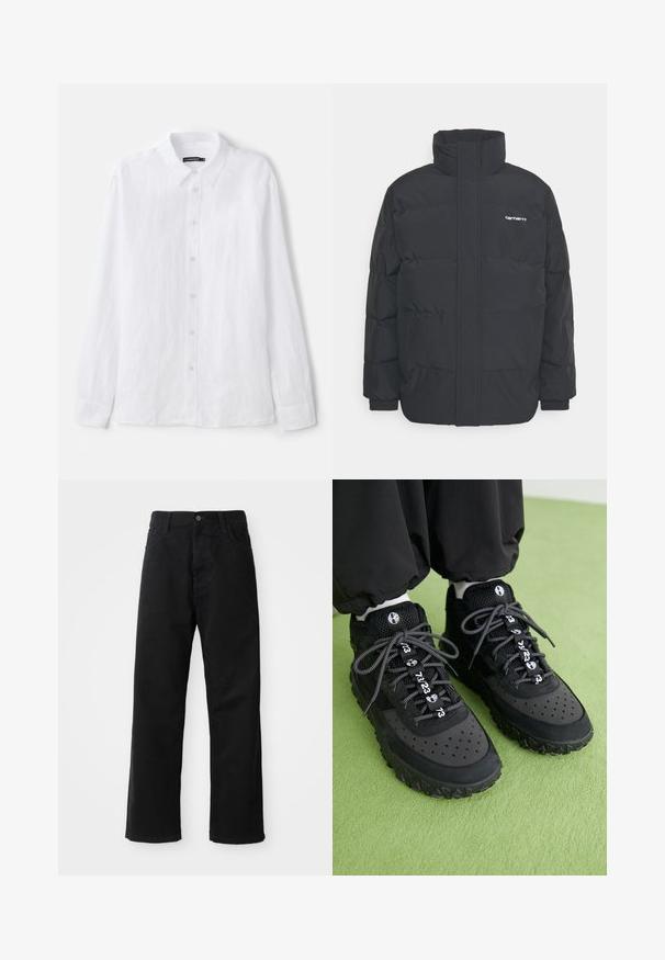 Černá zimní bunda s vysokým límcem, zipem vpředu a elastickými manžetami. Má kapsu a malé logo na hrudi. Texturovaný povrch.; Bílá košile s dlouhým rukávem a knoflíkovým zapínáním vyrobená z texturované látky. Obsahuje klasický límeček a zapínání s knoflíky, které jsou malé a kulaté.; Černé džínové kalhoty s rovný střih, s předními kapsami, zipovým zapínáním a jedním horním knoflíkem. Texturovaná látka s matným povrchem.; Černé tenisky se vyznačují kombinací koženého a síťovaného materiálu, strukturovanou gumovou podrážkou, výraznými perforacemi a vzorovanými tkaničkami s číselnými akcenty.