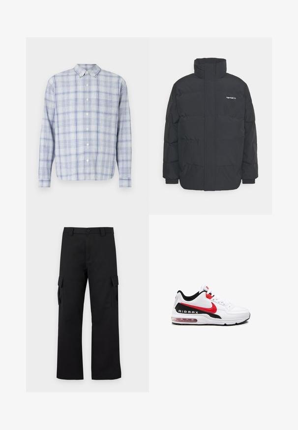 Schwarze Daunenjacke mit hohem Kragen, Reißverschluss vorne und elastischen Bündchen. Verfügt über eine Tasche und ein kleines Logo auf der Brust. Strukturiert Oberfläche.; Langärmliges Hemd mit Knopfleiste in hellblau-weißer Karomusterung. Verfügt über einen klassischen Kragen und ein weiches, strukturiertes Gewebe.; Schwarze Cargo-Hosen mit geradem Bein Design. Hergestellt aus strapazierfähigem Stoff, mit zwei Seitentaschen mit Klappen und einem Knopfverschluss.; Weißer Sportschuh mit schwarz-roten Akzenten, ausgestattet mit einem glatten Leder-Obermaterial, Schnürung vorne und sichtbarer Luftpolsterung in der Sohle.