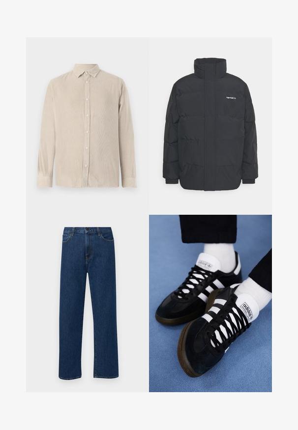 Giacca puffa nera con colletto alto, chiusura con zip frontale e polsini elastici. Presenta una tasca e un piccolo logo sul petto. Superficie testurizzata.; Camicia di corduroy color beige chiaro con abbottonatura frontale, maniche lunghe e colletto. Texture a righe verticali in tutto il capo. Design slim fit.; Jeans in denim di un blu scuro a gamba dritta con tasche anteriori e chiusura con bottone, esposti su uno sfondo bianco semplice.; Sneaker in suede nere con lacci bianchi e tre strisce bianche. Presenta una suola texturizzata e un marchio sulla linguetta.