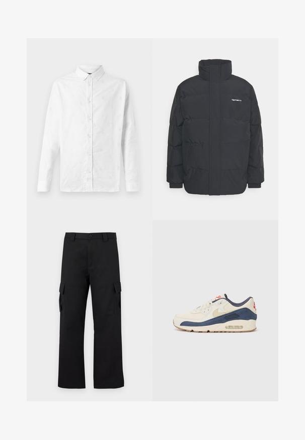 Zwarte pufferjas met een hoge kraag, rits aan de voorkant en elastische manchetten. Bevat een zak en een klein logo op de borst. Getextureerd oppervlak.; Wit langemouw shirt van katoen, met subtiele geborduurde patronen, een button-down kraag en een knoopsluiting aan de voorkant.; Zwarte cargobroek met een recht gesneden ontwerp. Gemaakt van duurzaam materiaal, met twee zijzakken met klep en een knoopsluiting.; Sneakers met een crème leren en marineblauwe suède bovenkant, voorzien van een zichtbare luchtzool, beige rubberen buitenzool en een rode accent op de hiel.