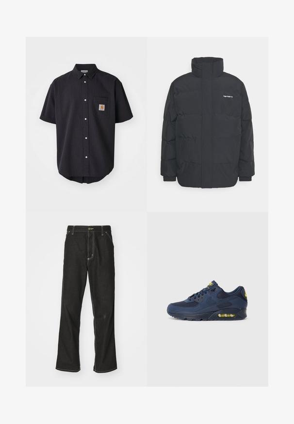 Sort pufferjakke med høj krave, lynlås foran og elastiske manchetter. Har en lomme og et lille logo på brystet. Tekstureret overflade.; Kortærmet, knappet skjorte i struktureret mørkeblå stof, der har en brystlomme fortil med en firkantet logo-patch og hvide knapper.; Sorte denimjeans med løs pasform, der har kontrasterende hvid syning, en knaplukning og et lige ben-design.; Mørkeblå Nike Air Max sneakers med overdel i ruskind og mesh, med gule detaljer, snørelukning foran og synligt luftdæmpning i sålen.