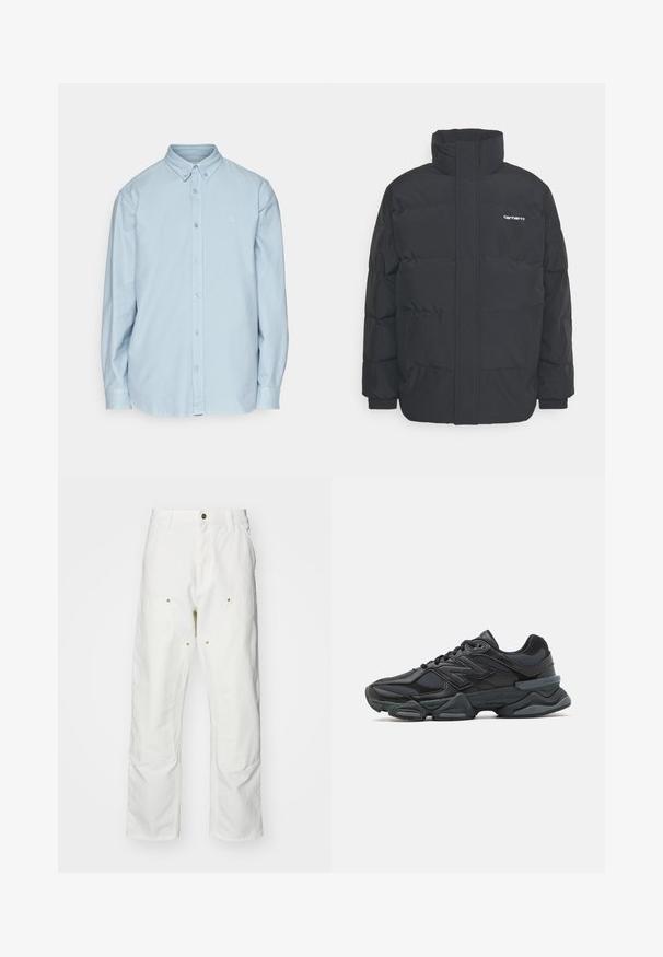 Mustam varrukas jope kõrge kaelusega, vipptõmblusega ja elastsete mansettidega. Omaduseks on tasku ja väike logo rinnal. Tekstuuritud pind.; Helesin sinine särk, mis on valmistatud puuvillast, klassikalise krae ja pika varrukaga, rinnal on väike logo. Pehme tekstuur.; Valged puuvillased cargo püksid, millel on mugav lõige. Omadusteks on esikotid, kuldse riistvara aktsendid ja tugevdatud põlveosad.; Mustad mustus jooksukeng, mis sisaldab segu võrgust ja sünteetilisest materjalist, jäme talla, kaarduv disain ja silmapaistev bränding külgedel.