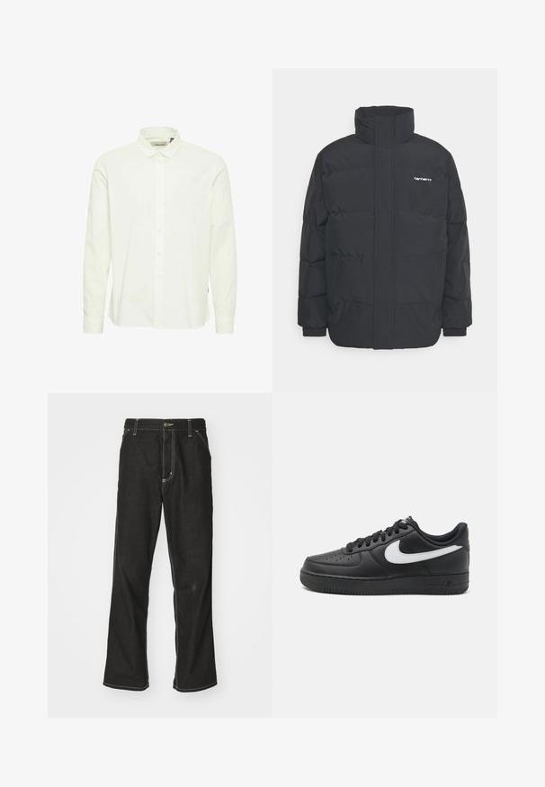 Zwarte pufferjas met een hoge kraag, rits aan de voorkant en elastische manchetten. Bevat een zak en een klein logo op de borst. Getextureerd oppervlak.; Witte katoenen blouse met lange mouwen, een kraag met knopen, een placket aan de voorkant en knoopmanchetten; heeft een subtiele textuurafwerking.; Zwarte denim jeans met een losse pasvorm, voorzien van contrasterende witte stiksels, een knoopsluiting en een recht ontwerp.; Zwarte Nike Air Force 1 sneakers met een glad leren bovenzijde, witte logoaccent, geperforeerde neus en een textuur rubberen zool.